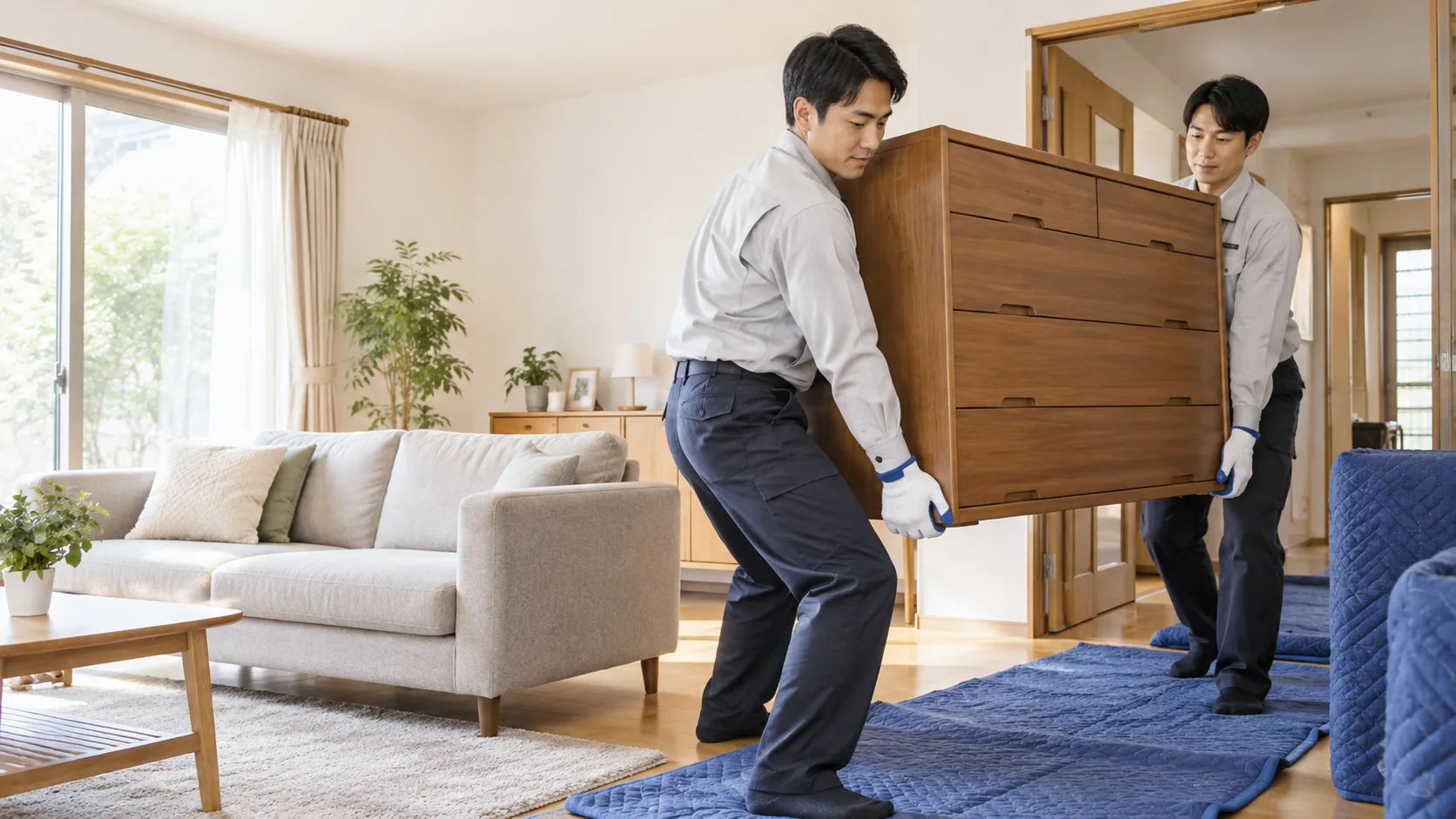 大きなタンスを丁寧に運ぶ家具移動スタッフ