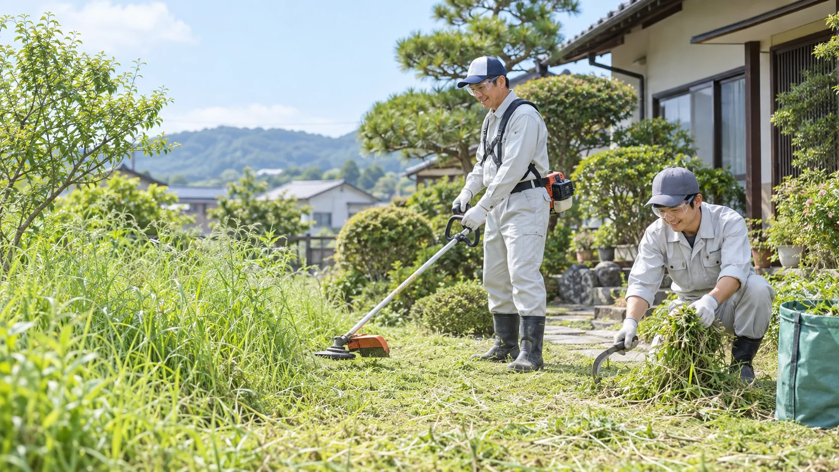 草刈り機と鎌で庭を手入れする作業スタッフ